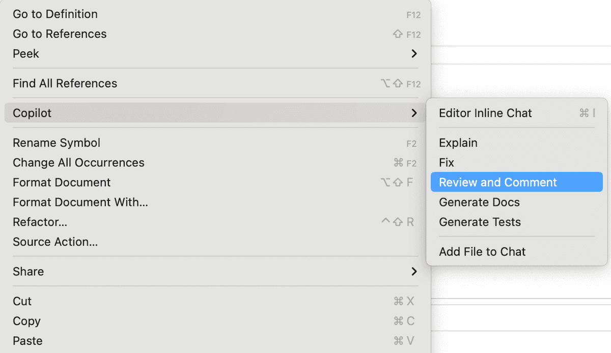 Screenshot of the context menu of Copilot